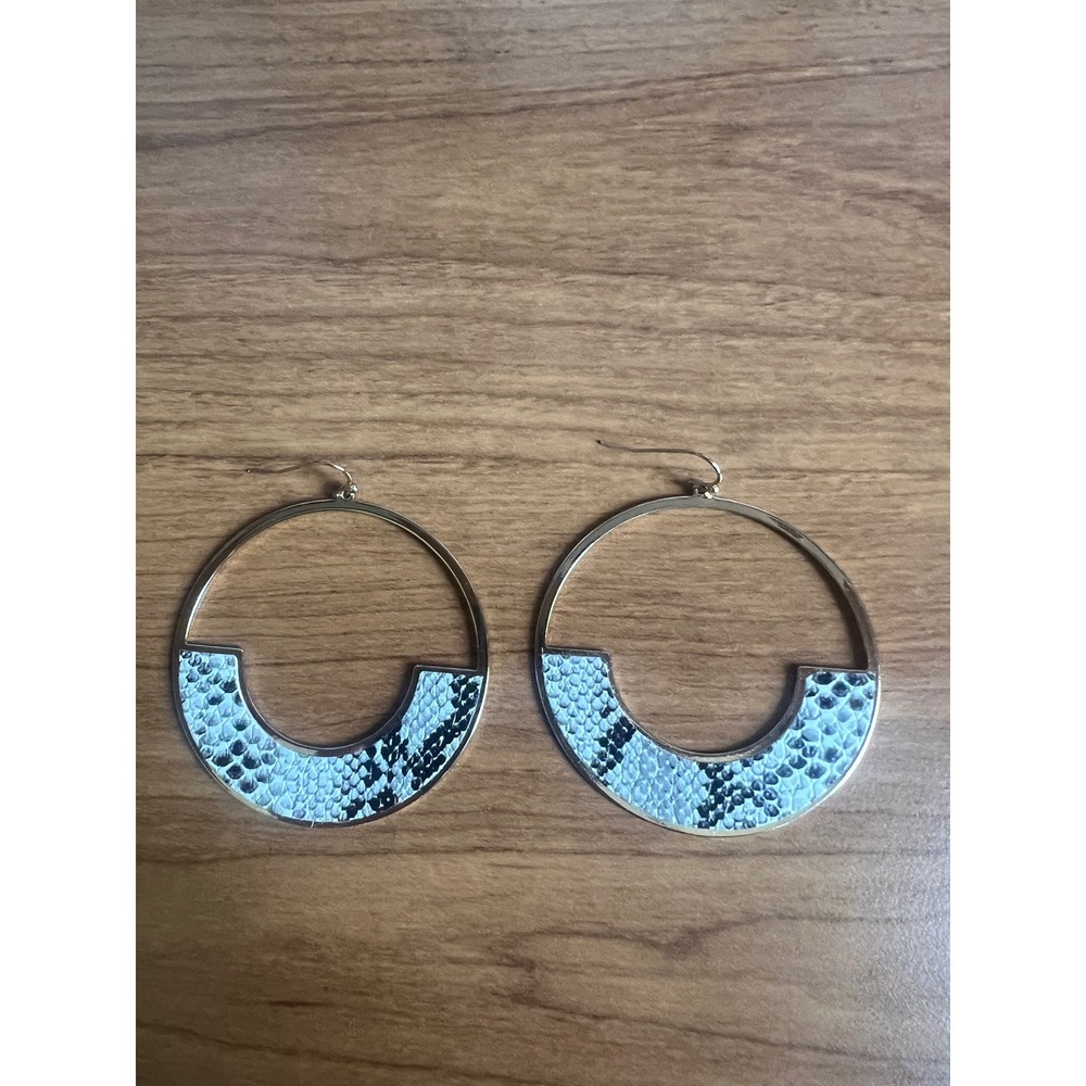 Gold Tone Snakeskin Inlay Hoop Earrings Blue White Black Animal Print Statement